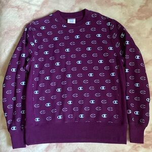 Men's Champion Reverse Weave Crew, All Over Logo C Spaced Venetian Purple Large